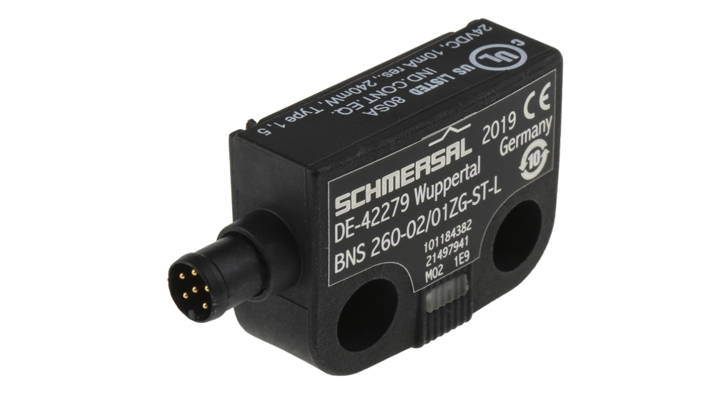 Interruttore di sicurezza Schmersal BNS 260-02/01ZG-ST-L, M8, 24V cc, grado di protezione IP67, dimensioni 52mm x 36mm x 13mm.