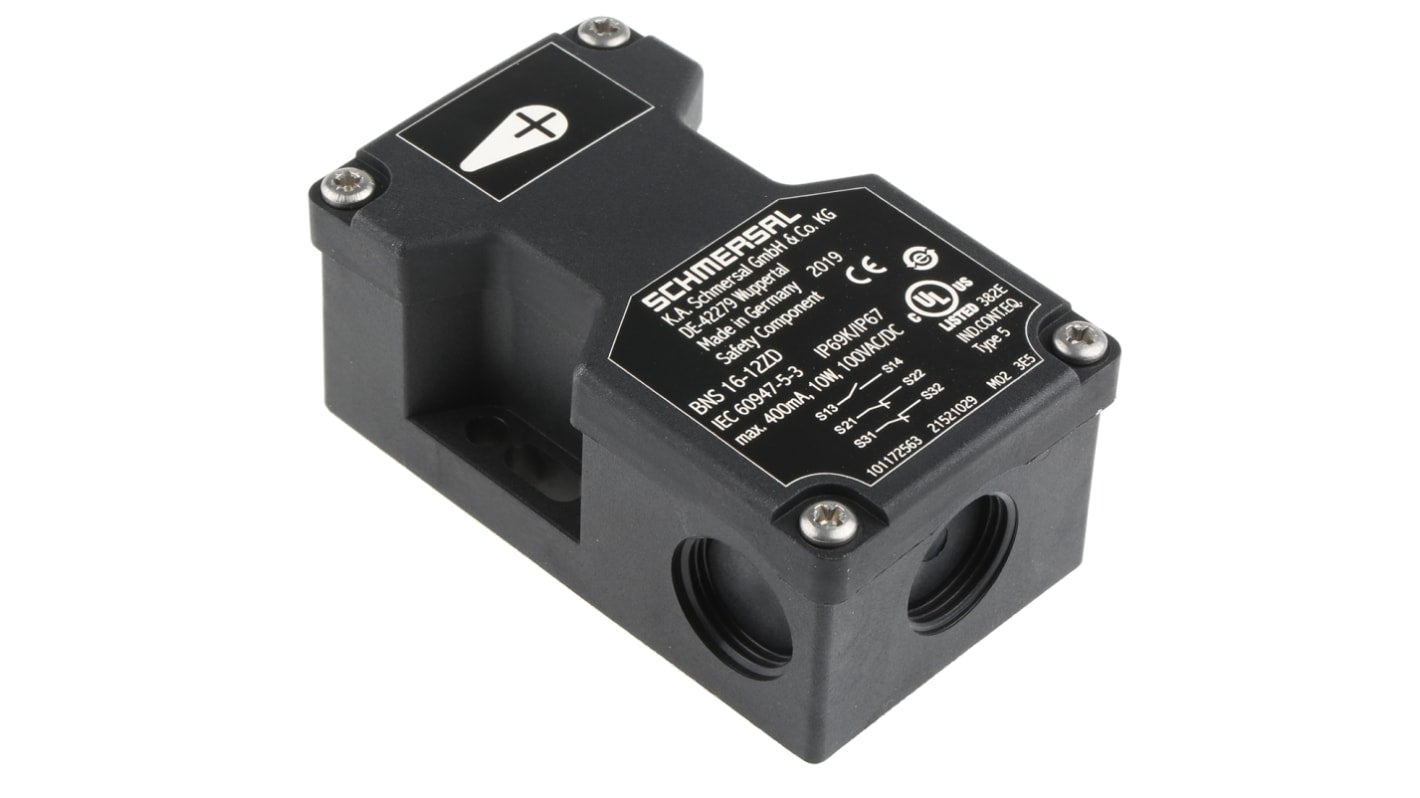 Interruttore di sicurezza Schmersal BNS 16-12ZD, senza contatto, IP67, dimensioni 90x52x38,5 mm, tensione 100V, corrente 400 mA.