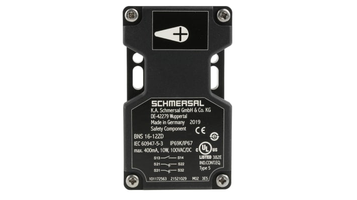 Interruttore di sicurezza Schmersal BNS 16-12ZD, senza contatto, IP67, dimensioni 90x52x38,5 mm, tensione 100V, corrente 400 mA.