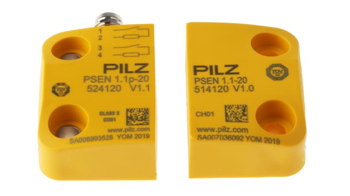 Interruttore di sicurezza senza contatto Pilz 504220, 24V cc, 2NO, IP67, dimensioni 30x26x13mm, attuatore incluso.