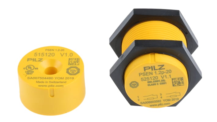 Interruttore di sicurezza senza contatto Pilz PSENmag, design rotondo M30, 24V cc, grado di protezione IP65/IP67.