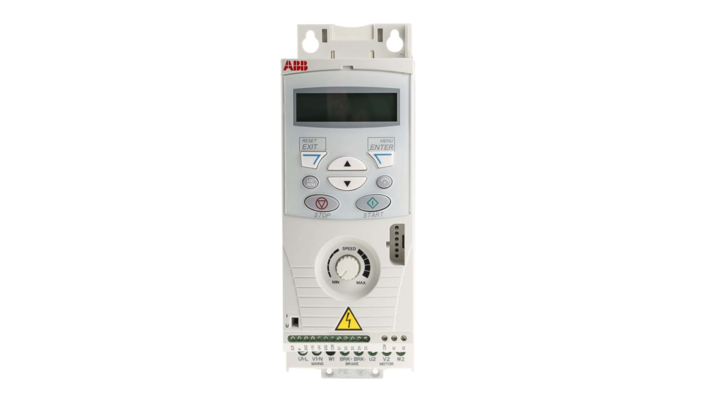Inverter ABB ACS150-01E-02A4-2 per motori in c.a., potenza 0,37 kW, dimensioni 70 x 142 x 239 mm, grado di protezione IP20.