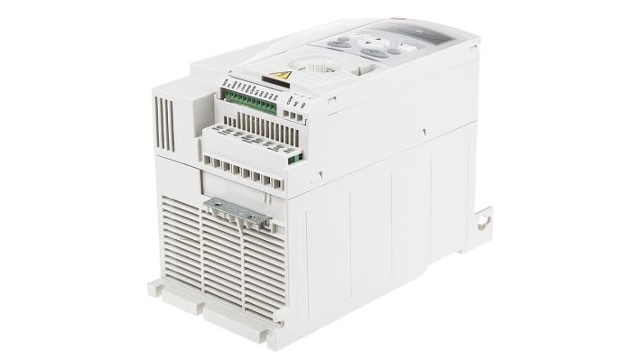 Inverter ABB ACS150-01E-07A5-2, 1,5 kW, 230 V, 1 fase, dimensioni 239x142x105 mm, con pannello di controllo e filtro EMC.