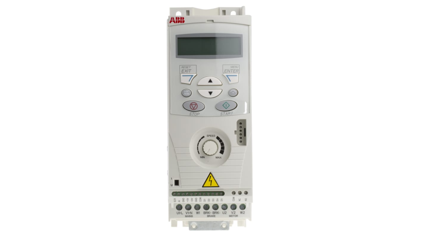 Inverter ABB ACS150-03E-01A2-4 trifase, potenza 0,37 kW, dimensioni 70 x 142 x 239 mm, grado di protezione IP20.