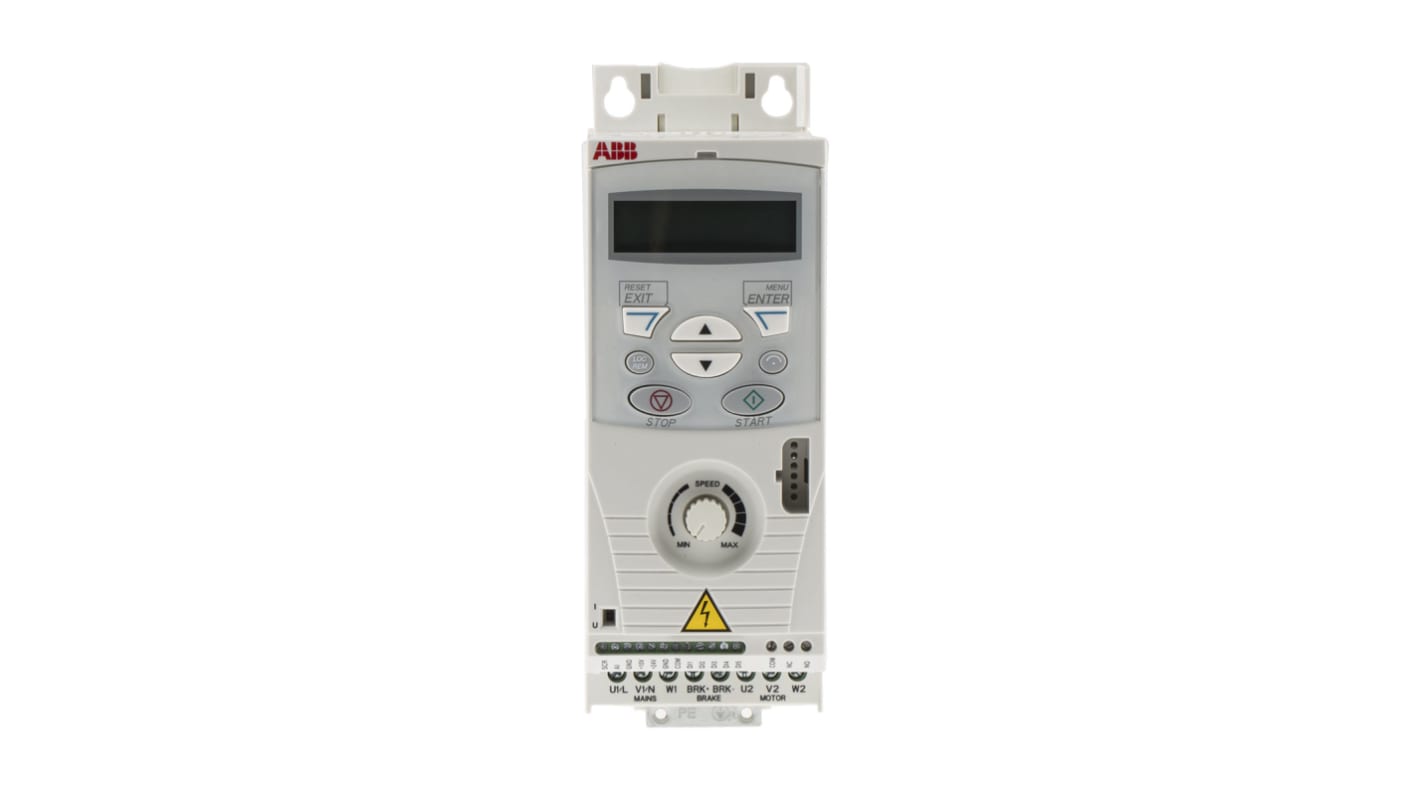 Inverter ABB ACS150-03E-04A1-4, 1,5 kW, 3 fasi, 400 V, montaggio modulare, dimensioni 142x70x239 mm, filtro EMC incluso.