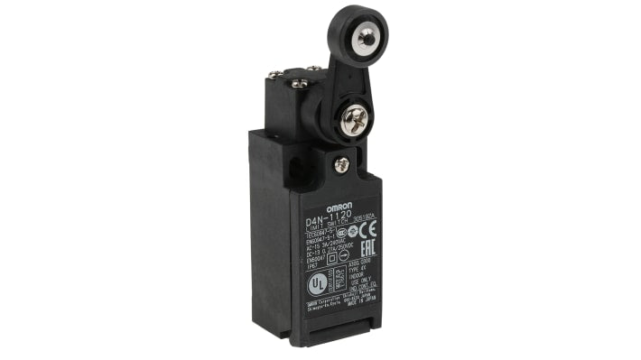 Interruttore di interblocco Omron D4N-1120, leva a rullo, configurazione NO/NC, grado di protezione IP67, dimensioni 73x31x47 mm.