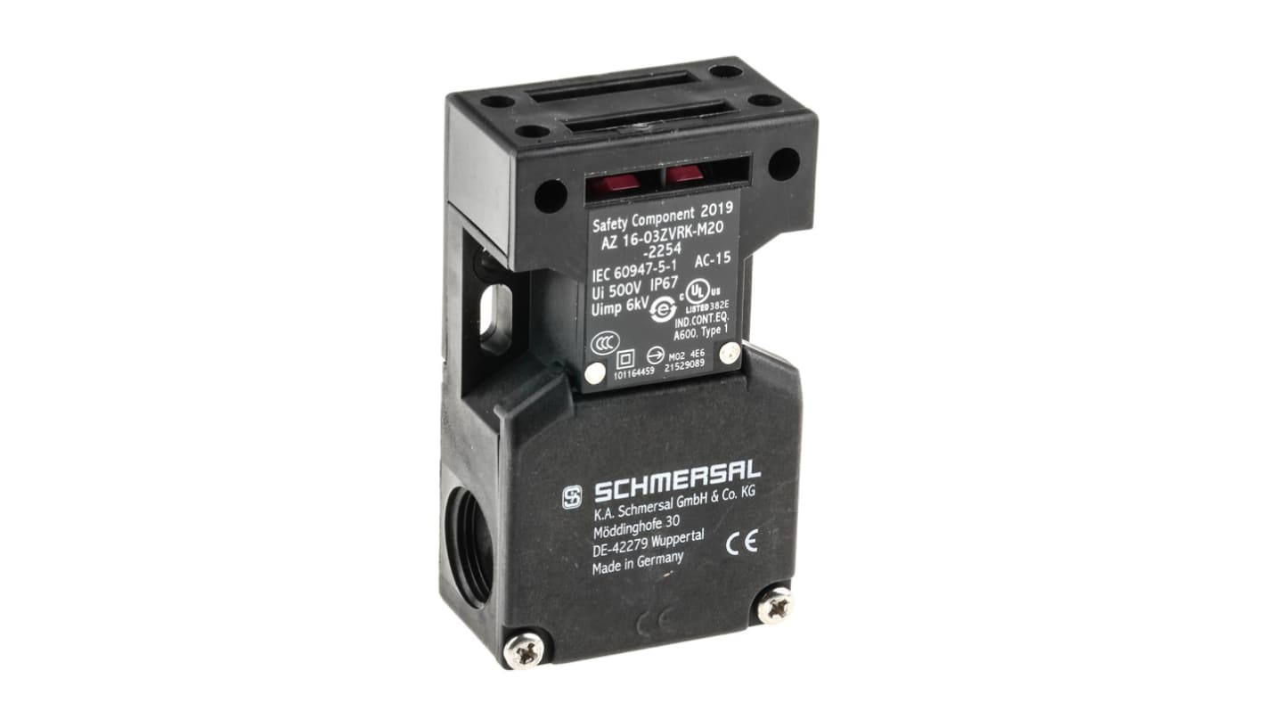 Interruttore di interblocco di sicurezza Schmersal AZ16-03ZVRK-M20-2254, 3NC, 230V, IP67, dimensioni 90 x 52 x 30mm.