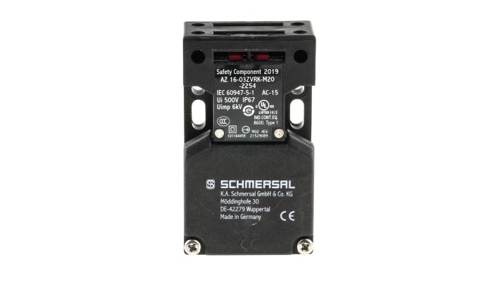 Interruttore di interblocco di sicurezza Schmersal AZ16-03ZVRK-M20-2254, 3NC, 230V, IP67, dimensioni 90 x 52 x 30mm.