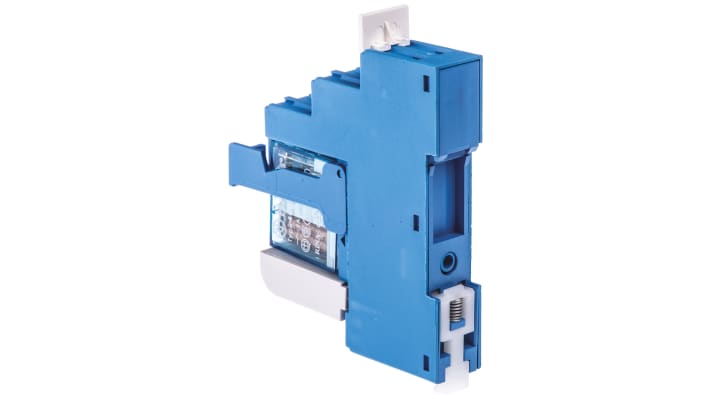 Finder 48.52.7.012.0050SPA, relè d'interfaccia DPDT per guida DIN, bobina 12V cc, dimensioni 15.8 x 75.3 x 78.6 mm.