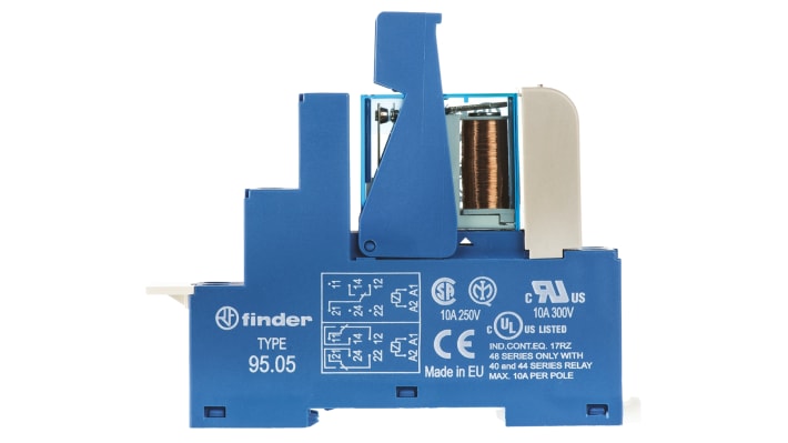 Finder 48.52.7.024.0050SPA, relè d'interfaccia DPDT per guida DIN, bobina 24V cc, dimensioni 15.8 x 75.3 x 78.6 mm.