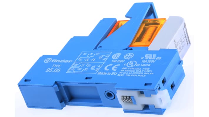 Finder 48.52.8.024.0060SPA, relè d'interfaccia DPDT per guida DIN, tensione 24V, dimensioni 15.8 x 75.3 x 78.6mm.