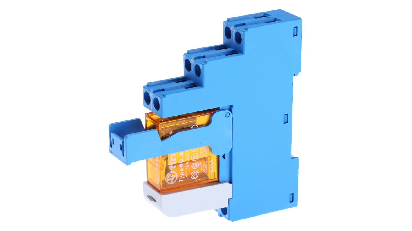 Finder 48.61.8.024.0060SPA, relè d'interfaccia per guida DIN, 24V, contatti SPDT, dimensioni 15.8 x 75.3 x 78.6 mm.