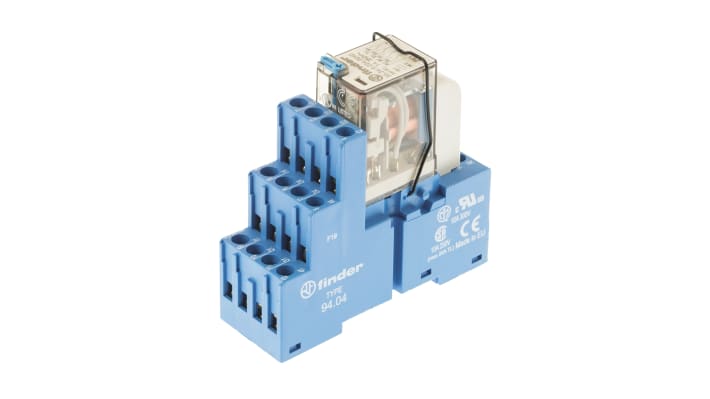 Finder 58.34.9.024.0050SMA, modulo relè d'interfaccia 4PDT, bobina 24V cc, montaggio su guida DIN, dimensioni 15.8 x 75.3 x 78.6 mm.
