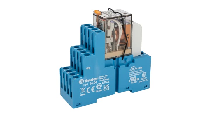 Finder 58.34.8.024.0060SMA, relè d'interfaccia 4PDT per guida DIN, tensione 24V, dimensioni 27 x 73 x 78.4 mm.