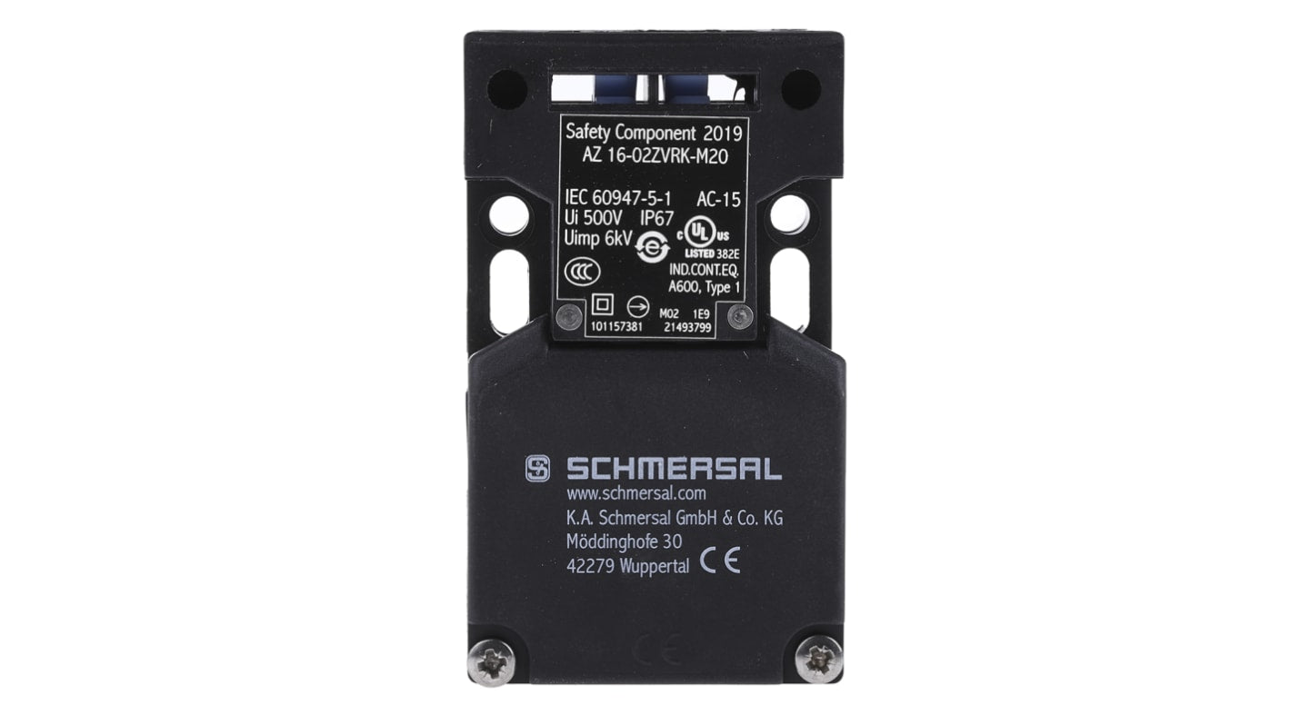 Interruttore di interblocco di sicurezza Schmersal AZ16-02ZVRK-M20, 2NC, IP67, dimensioni 90x52x30mm, per tensione fino a 230V.
