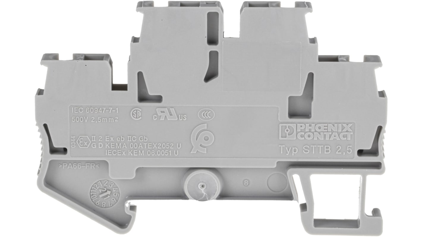 Morsettiera a due livelli Phoenix Contact 3031270: corrente nominale 22A, tensione di picco 6 kV. Installazione su guida DIN, resistente agli urti e adatta a condizioni difficili.