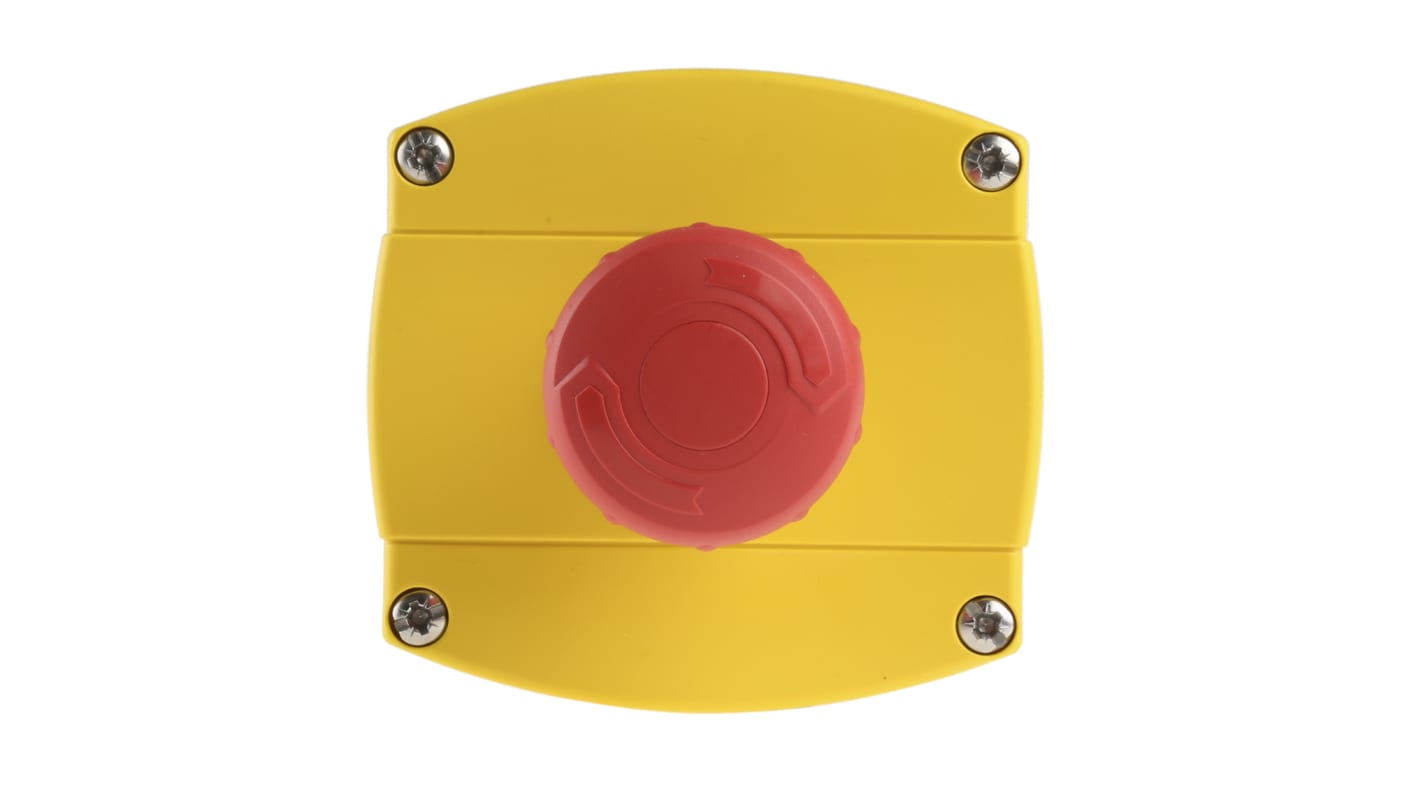 Pulsante di arresto di emergenza Allen Bradley 800F-1YM3, 2NC, IP69K, rosso/giallo, montaggio a pannello - Prodotto industriale elettronico per ambienti impegnativi.