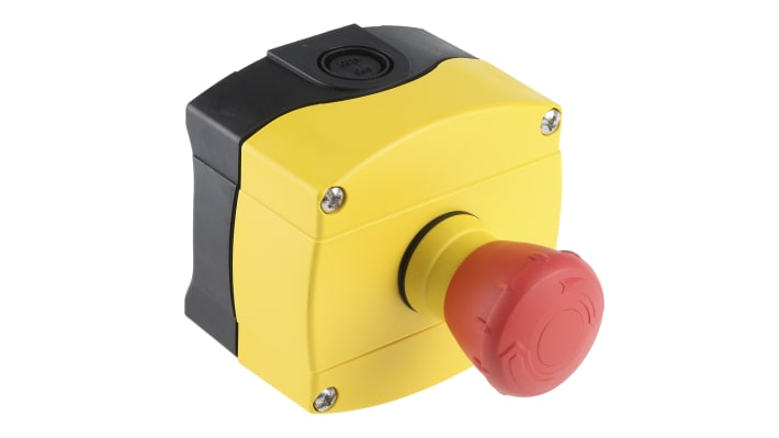 Pulsante di arresto di emergenza Allen Bradley 800F-1YM3, 2NC, IP69K, rosso/giallo, montaggio a pannello - Prodotto industriale elettronico per ambienti impegnativi.