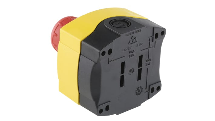 Pulsante di arresto di emergenza Allen Bradley 800F-1YM3, 2NC, IP69K, rosso/giallo, montaggio a pannello - Prodotto industriale elettronico per ambienti impegnativi.