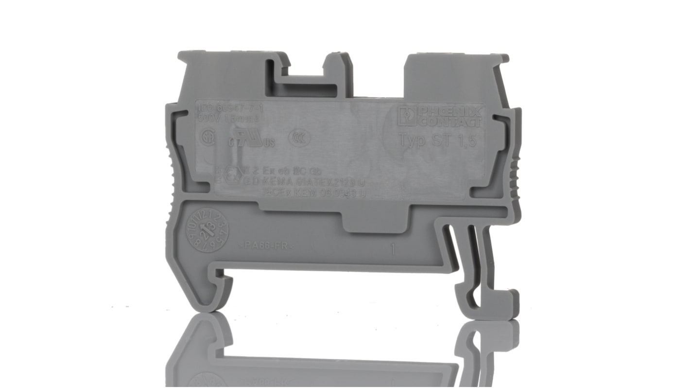 Morsettiera passante Phoenix Contact ST 1.5, Grigio, 17.5A, 500V - Codice 3031076. Terminazione a molla per automazione e applicazioni industriali.