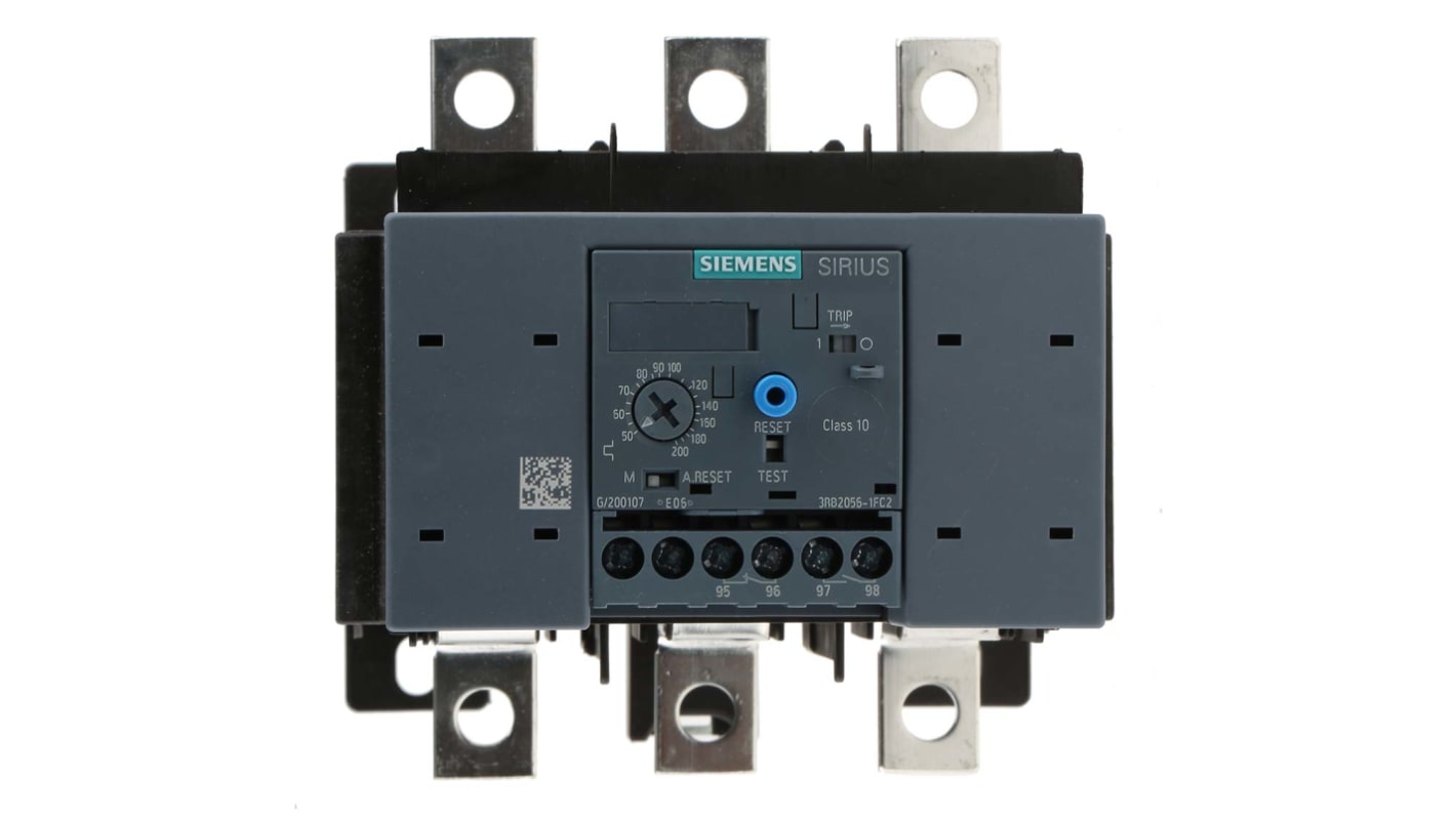 Relè di sovraccarico Siemens 3RB2056-1FC2, 3 poli, carico 50-200 A, montaggio diretto, dimensioni 119 x 120 x 155 mm.