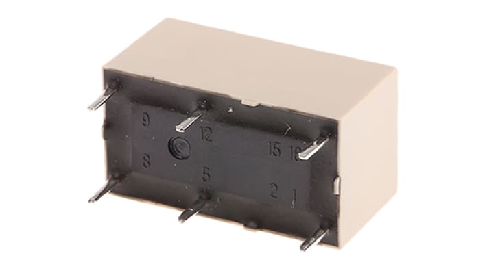 Relè monostabile Panasonic DSP124F per circuito stampato, 24V cc, DPST, dimensioni 20,2 x 11 x 10,5 mm, vita 50 milioni di cicli.