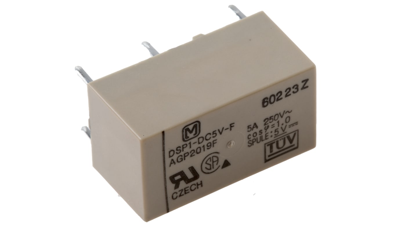 Relè Panasonic DSP1-DC5V-F, DPST per montaggio su PCB, 5V cc, 5 A, dimensioni 20,2 x 11 x 10,5 mm, vita 50 milioni di cicli.