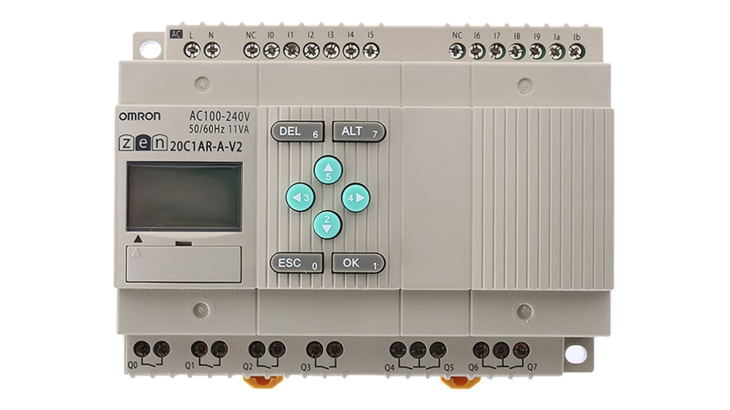 Modulo logico Omron ZEN-20C1AR-A-V2 per guida DIN, 12 ingressi, 8 uscite relè, dimensioni 94,7 x 70 x 56 mm.
