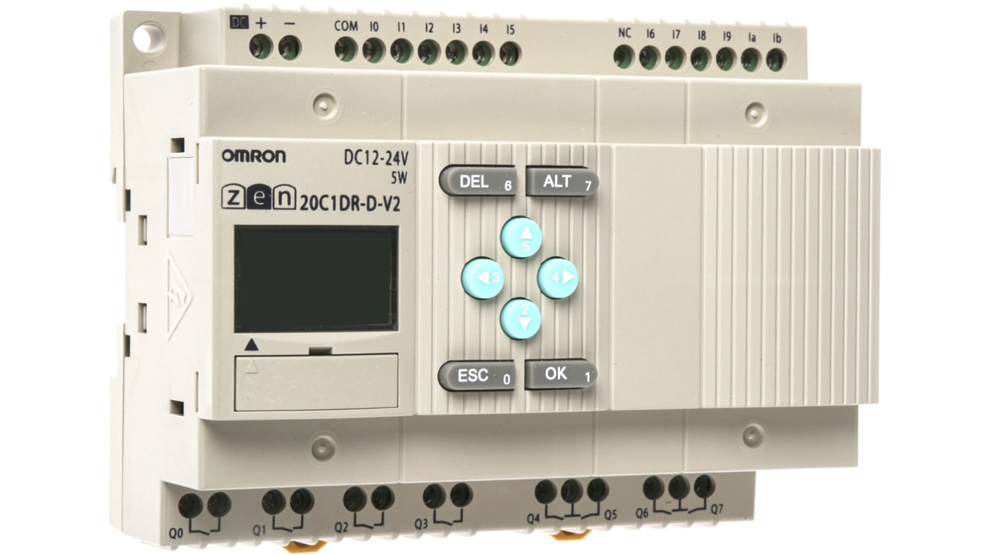 Modulo logico Omron ZEN-20C1DR-D-V2 per guida DIN, 12 ingressi, 8 uscite relè, dimensioni 94,7 x 70 x 56 mm, alimentazione 12-24 VDC.