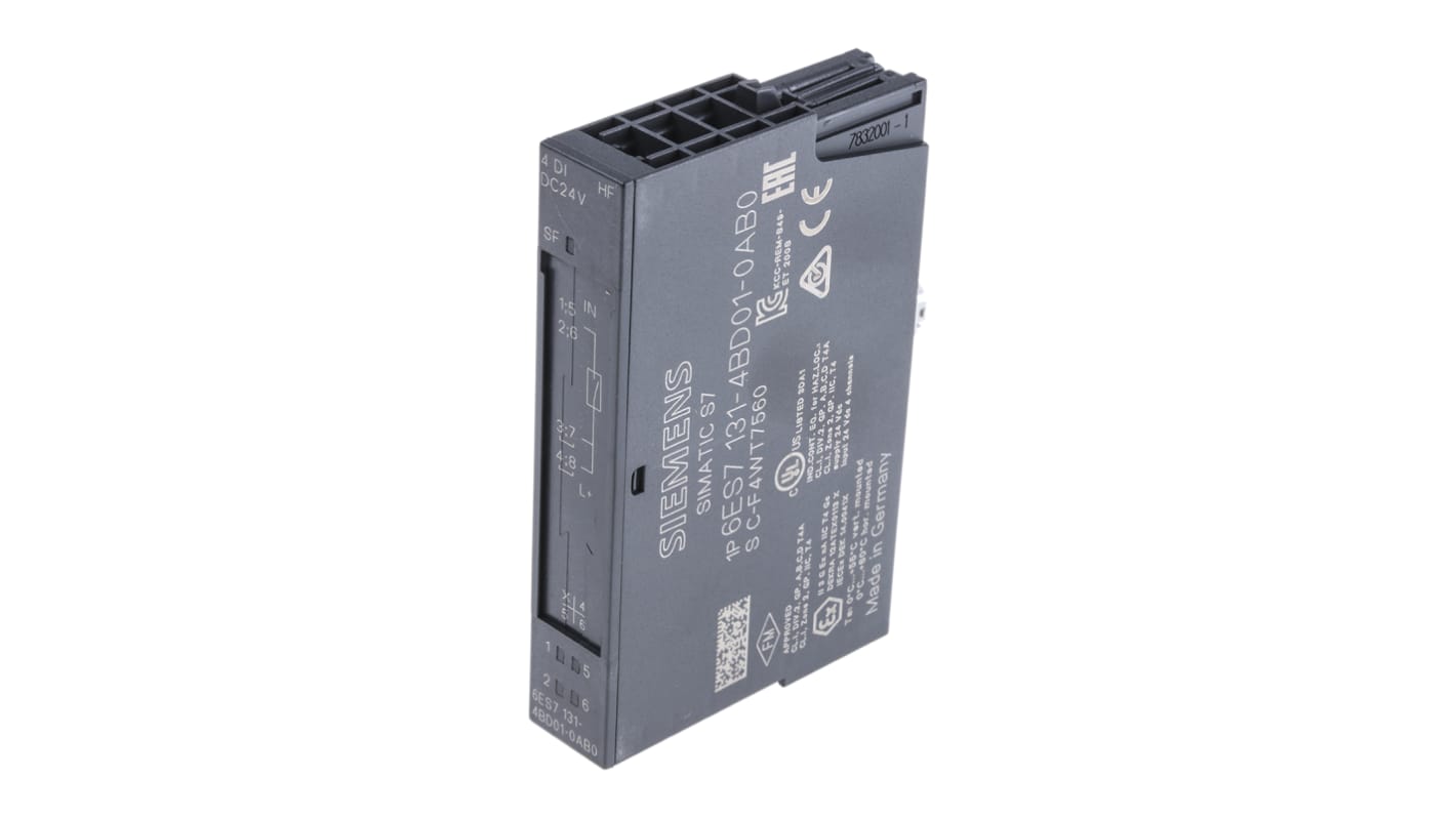 Modulo I/O digitale Siemens 6ES7131-4BD01-0AB0 per SIMATIC ET 200S, 4 ingressi, alimentazione 24 V c.c., dimensioni 81 x 15 x 52 mm.