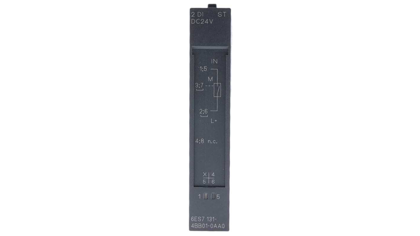 Modulo I/O digitale Siemens 6ES7131-4BB01-0AA0 per SIMATIC ET 200S, 2 ingressi, hot swapping, dimensioni 81 x 15 x 52 mm.