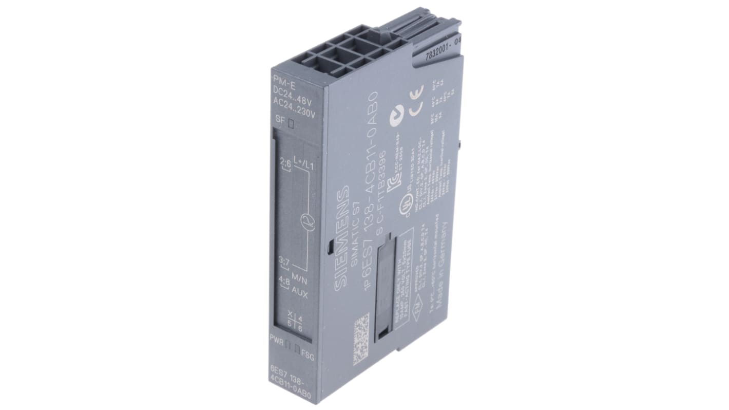 Modulo I/O PLC Siemens 6ES7138-4CB11-0AB0, compatibile ET200S, dimensioni 81 x 15 x 52 mm, con diagnostica guasti.