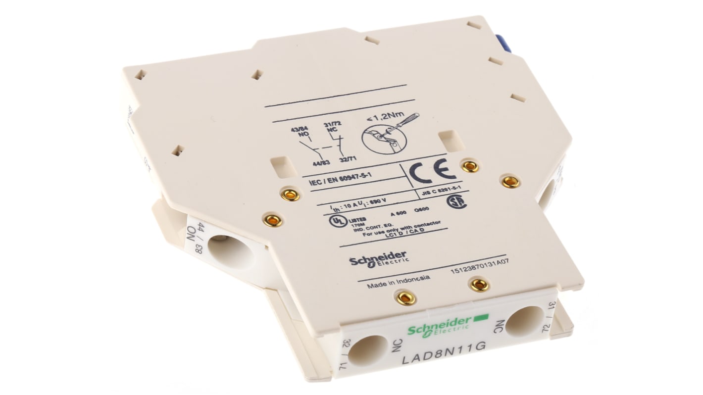 Schneider Electric LAD8N11G, blocco di contatti ausiliari NA/NC, corrente 10 A, tensione 690 V, montaggio laterale, grado di protezione IP2x.