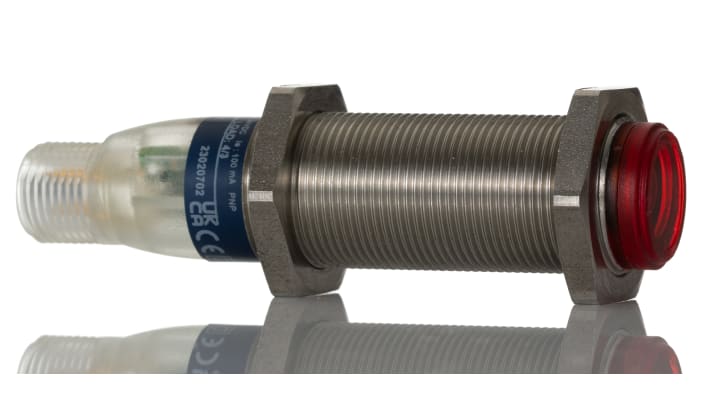 Sensore fotoelettrico cilindrico a retroriflessione Telemecanique Sensors XUBTSPSNM12, rilevamento fino a 1,4 m, connettore M12, IP69K.