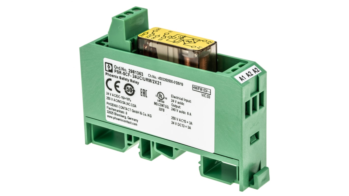 Relè di accoppiamento ad azione positiva Phoenix Contact 2981363, DPDT 24V cc 6A DIN IP20. Isolamento sicuro, montaggio su guida DIN, LED giallo. Ideale per applicazioni industriali.