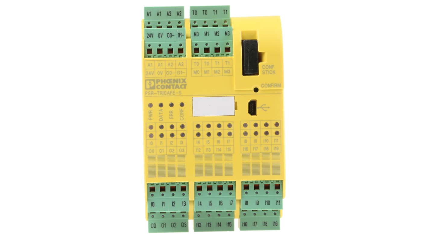 Phoenix Contact 2986232, controller di sicurezza PSR-TRISAFE, 20 ingressi e 6 uscite, dimensioni 114,5 x 67,5 x 112 mm.