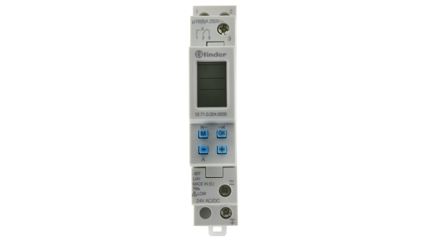 Finder 12.71.0.024.0000, temporizzatore digitale per guida DIN, 24 V, SPDT, programmabile, dimensioni 90 mm x 60 mm.