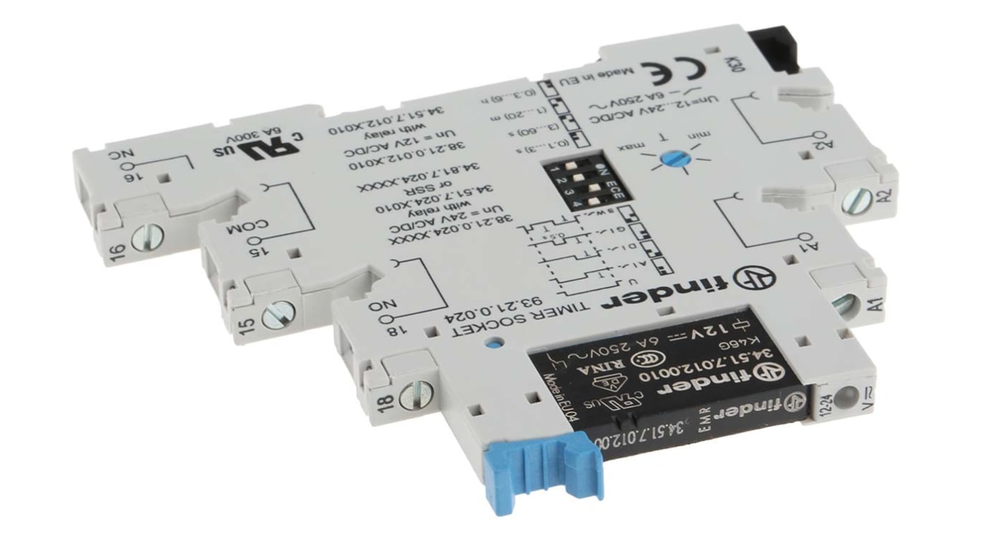 Finder Timer Relay SPDT per guida DIN, intervallo di temporizzazione 0,1 s a 6 h, 1 contatto, alimentazione 12V, montaggio su guida DIN.