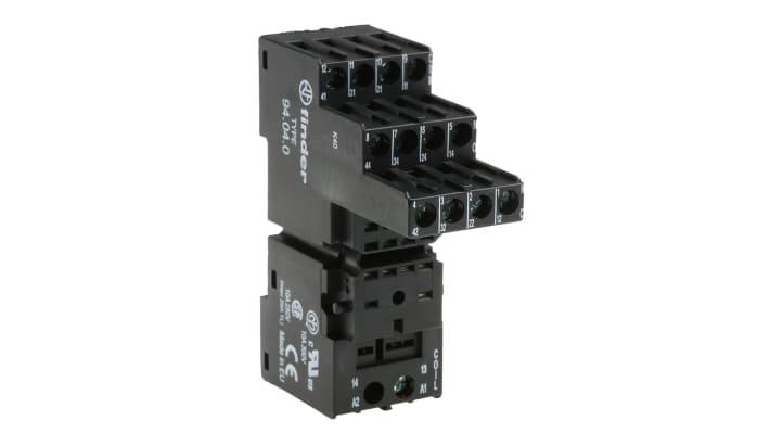 Zoccolo per relè Finder 94.040SMA, montaggio su guida DIN, 11 pin, 10A, 250VAC, grado di protezione IP20.