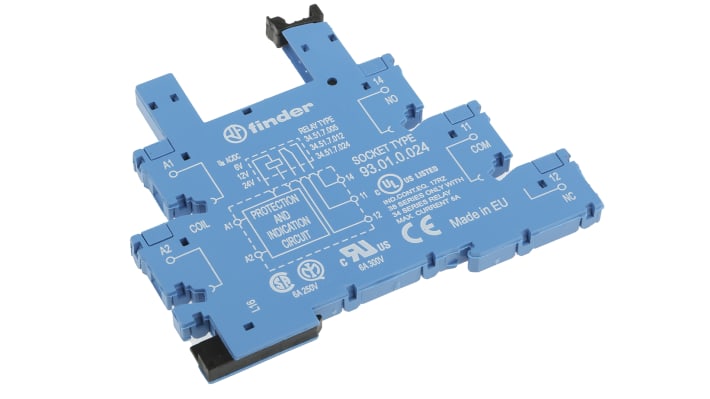 Finder 93.01.0.024, zoccolo per relè 34,51, tensione 250V, corrente max 6A, design compatto per guida DIN.