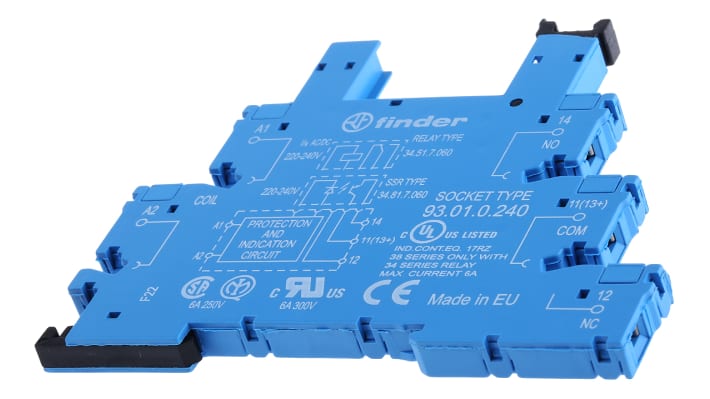 Finder 93.01.0.240, zoccolo per relè a 60 V c.c., montaggio su guida DIN, 5 contatti, corrente nominale 10 A.