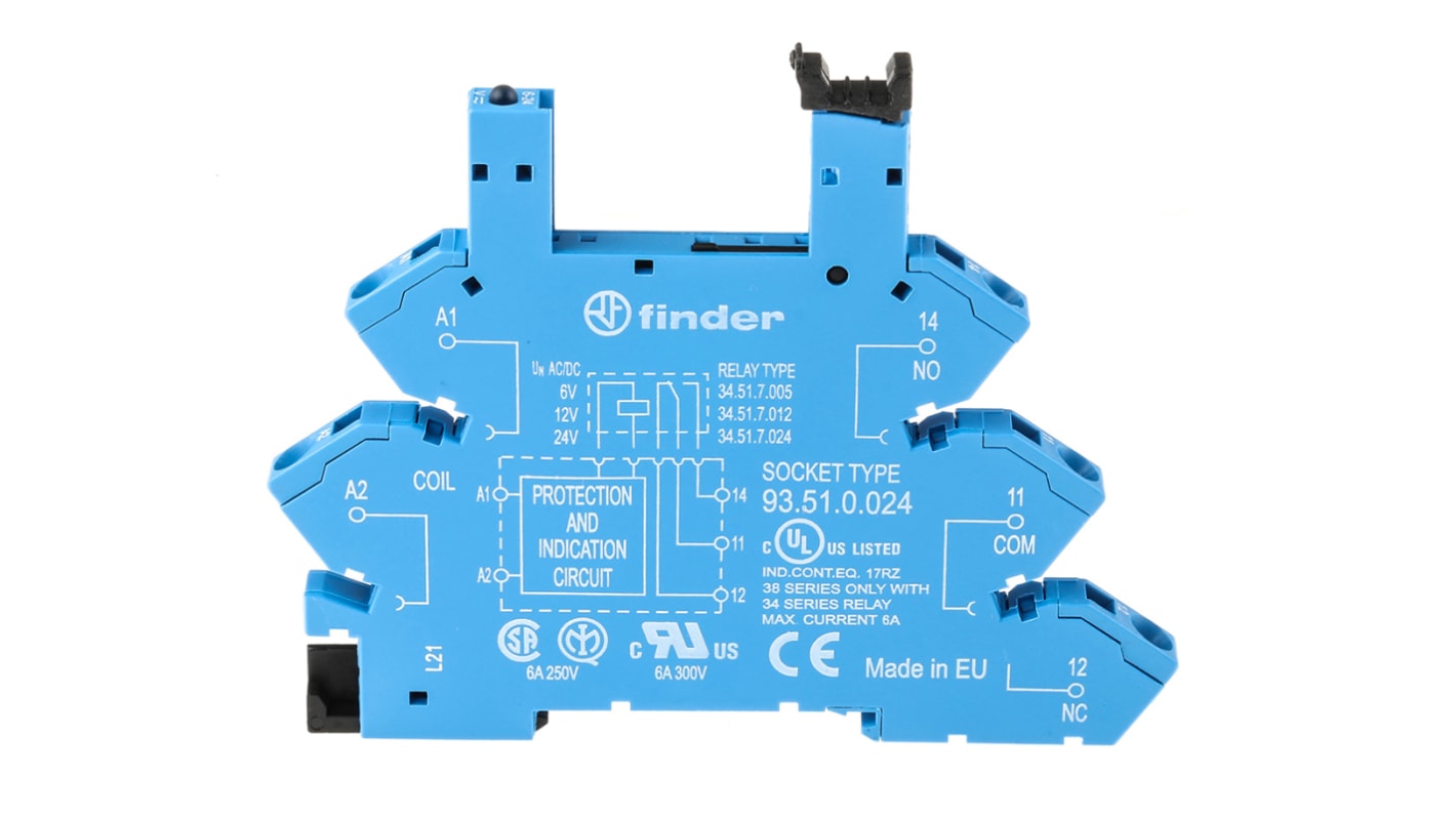 Finder 93.51.0.024, zoccolo per relè 34.51, montaggio su guida DIN, 5 pin, corrente 6A, tensione 250VAC, grado di protezione IP20.