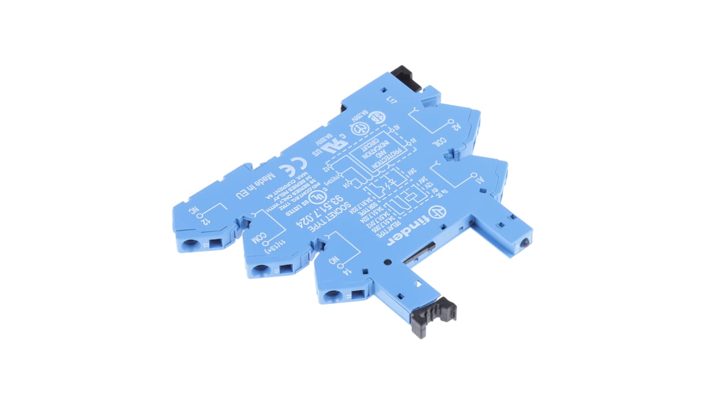Finder 93.51.7.024, zoccolo per relè 5 pin su guida DIN, 6A, 250VAC, contatti SPDT, grado di protezione IP20.