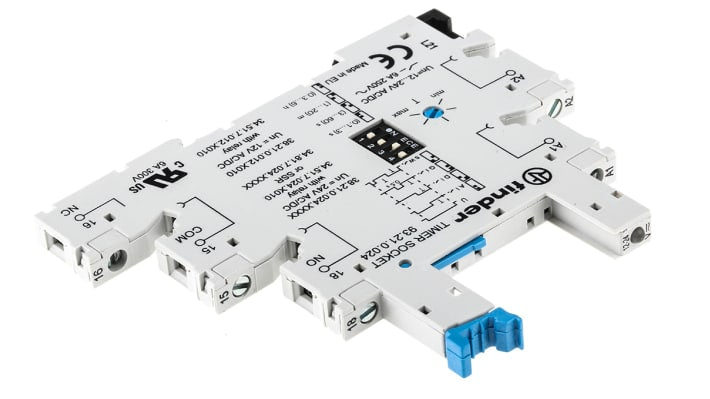 Zoccolo Finder 93.21.0.024 per relè serie 34.51, montaggio su guida DIN, 5 pin, 6A, 250VAC, grado di protezione IP20.