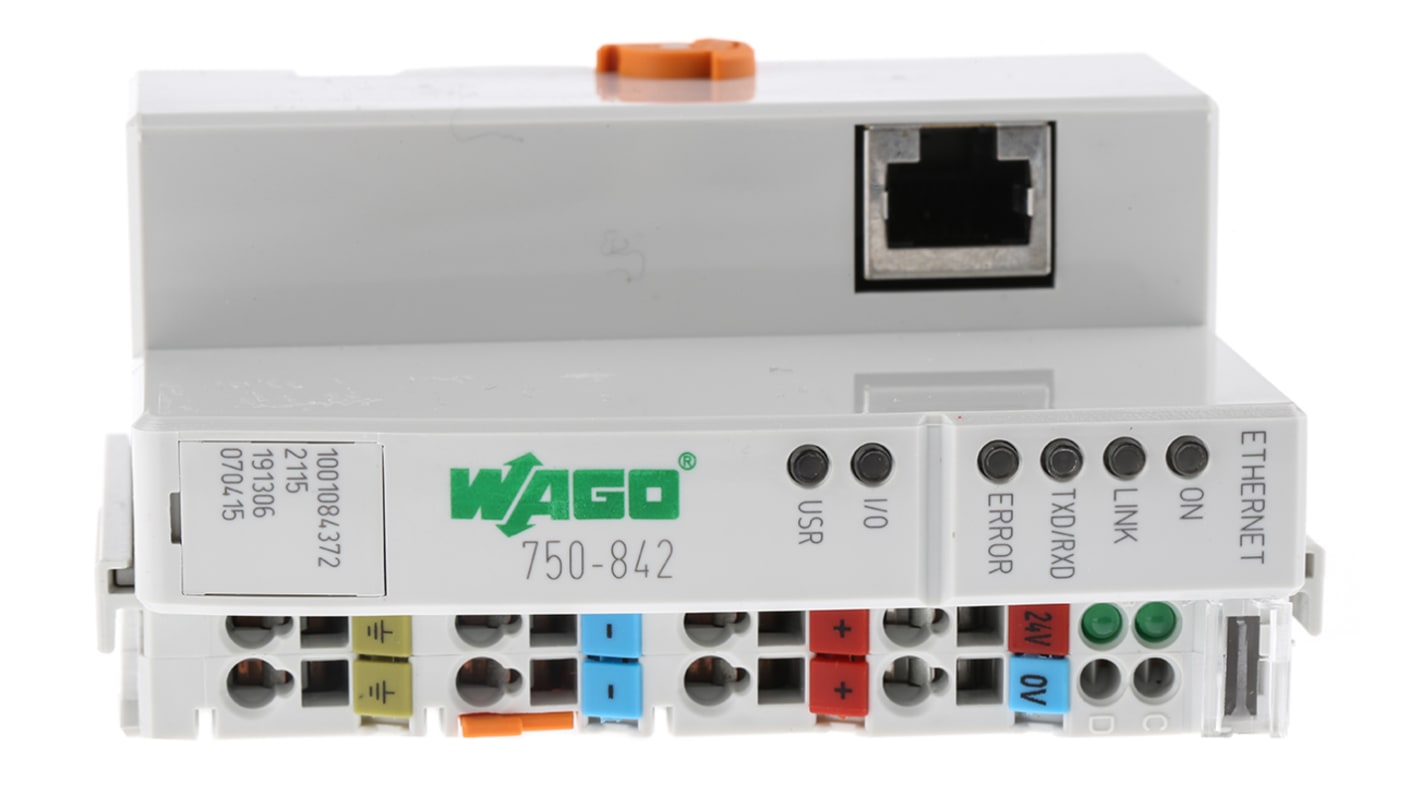 Wago 750-842, controller I/O con 64 ingressi e 64 uscite, montaggio su guida DIN, dimensioni 51 x 65 x 100 mm.