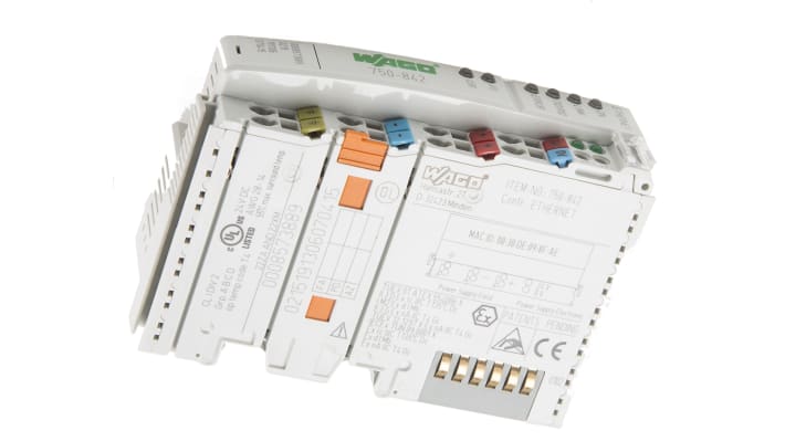 Wago 750-842, controller I/O con 64 ingressi e 64 uscite, montaggio su guida DIN, dimensioni 51 x 65 x 100 mm.
