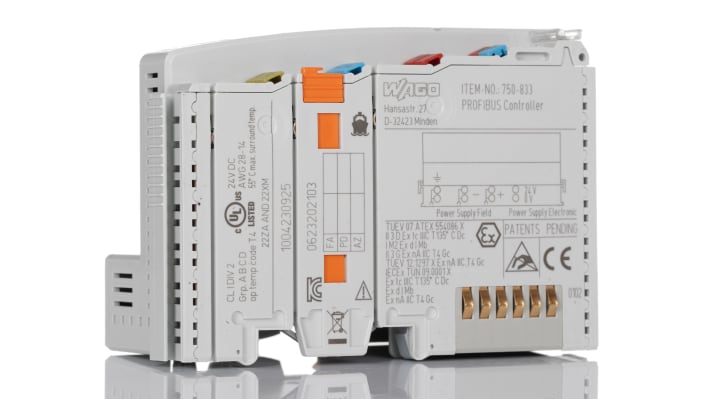 Wago 750-833, CPU PLC serie 753, 24 V c.c., montaggio su guida DIN-35, dimensioni 100 x 71,1 x 50,5 mm.