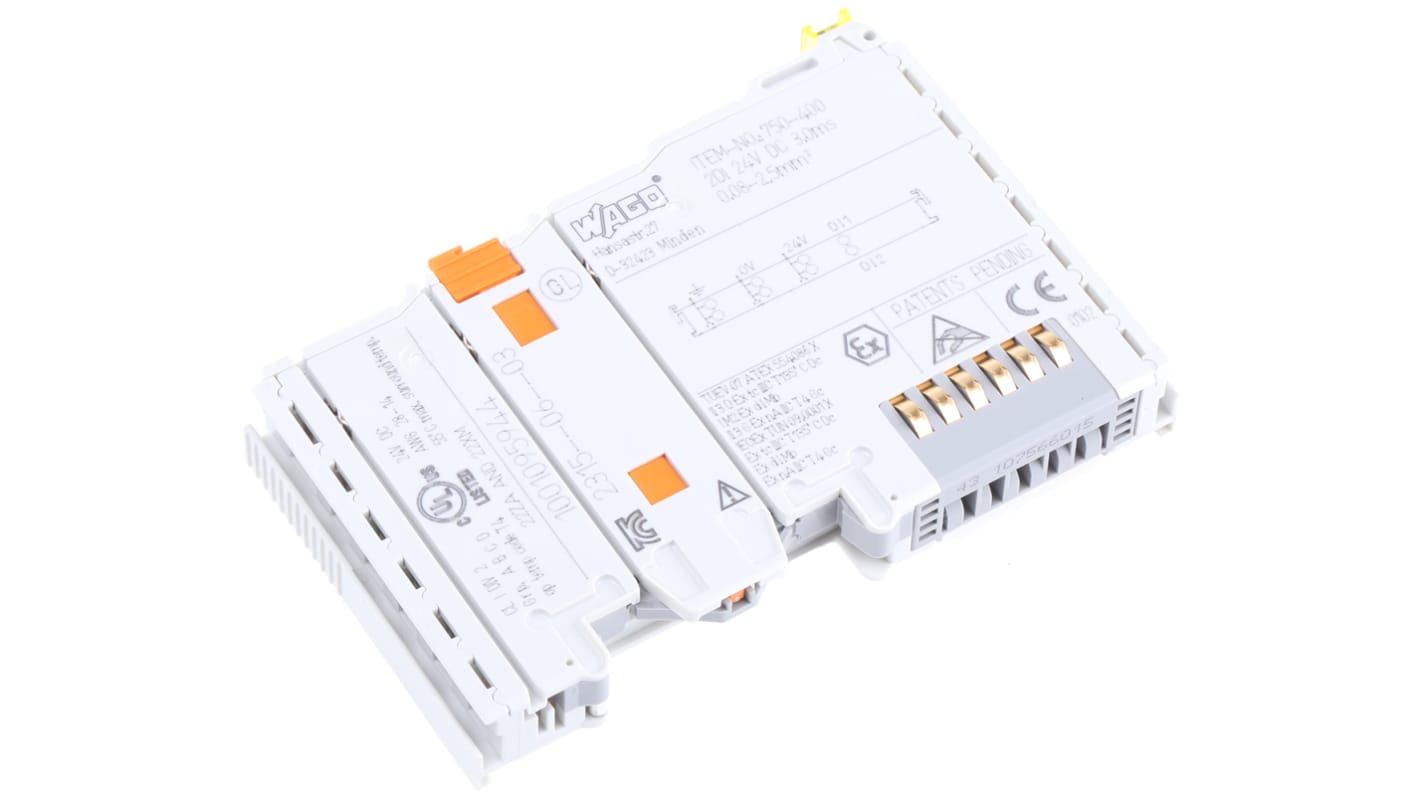 Modulo I/O digitale Wago 750-400, 2 canali, collegamento a molla, dimensioni 100 x 12 x 64 mm.