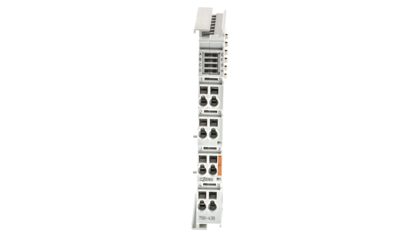 Modulo I/O Wago 750-430, serie TM5, 8 ingressi digitali, montaggio su guida DIN, dimensioni 100 x 12 x 64 mm.