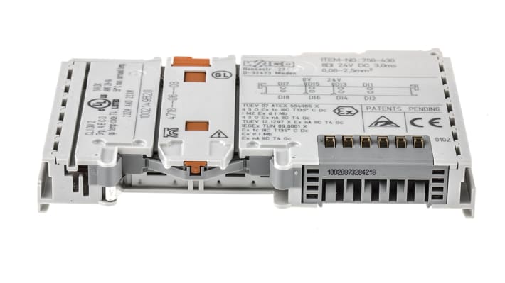 Modulo I/O Wago 750-430, serie TM5, 8 ingressi digitali, montaggio su guida DIN, dimensioni 100 x 12 x 64 mm.